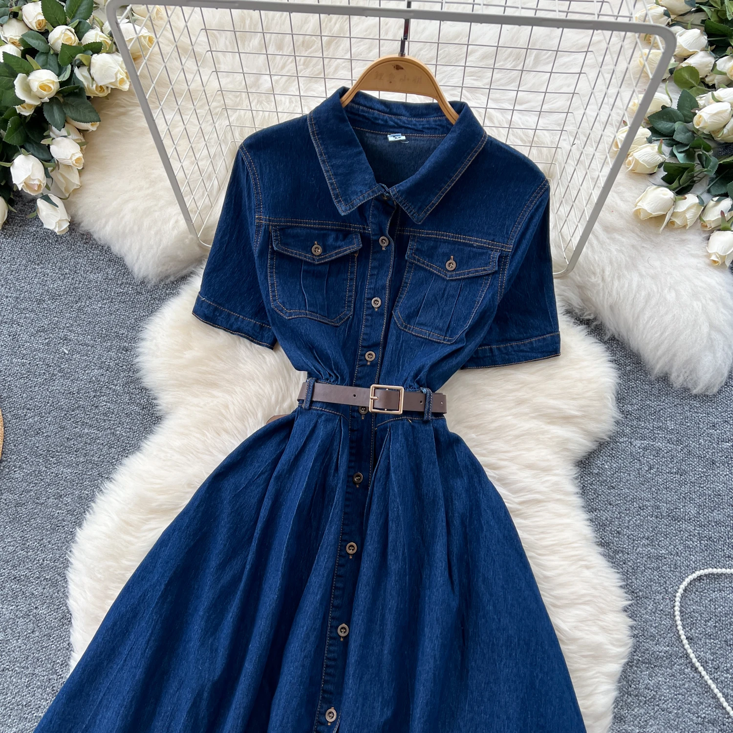 Summer Vintage Turn-down Collar Tunic Shirt Midi Dress For Women Empire  Denim Dress
