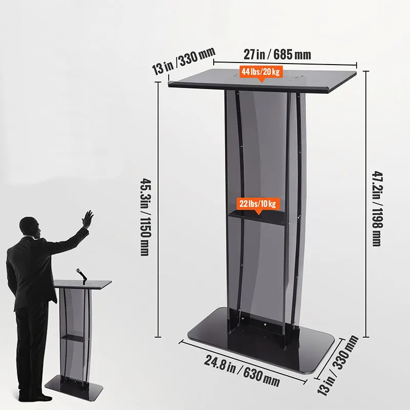 Factory Custom 47" Clear Acrylic Podium Stand Wide Reading Surface Black Storage Shelf Church Office Commercial Furniture