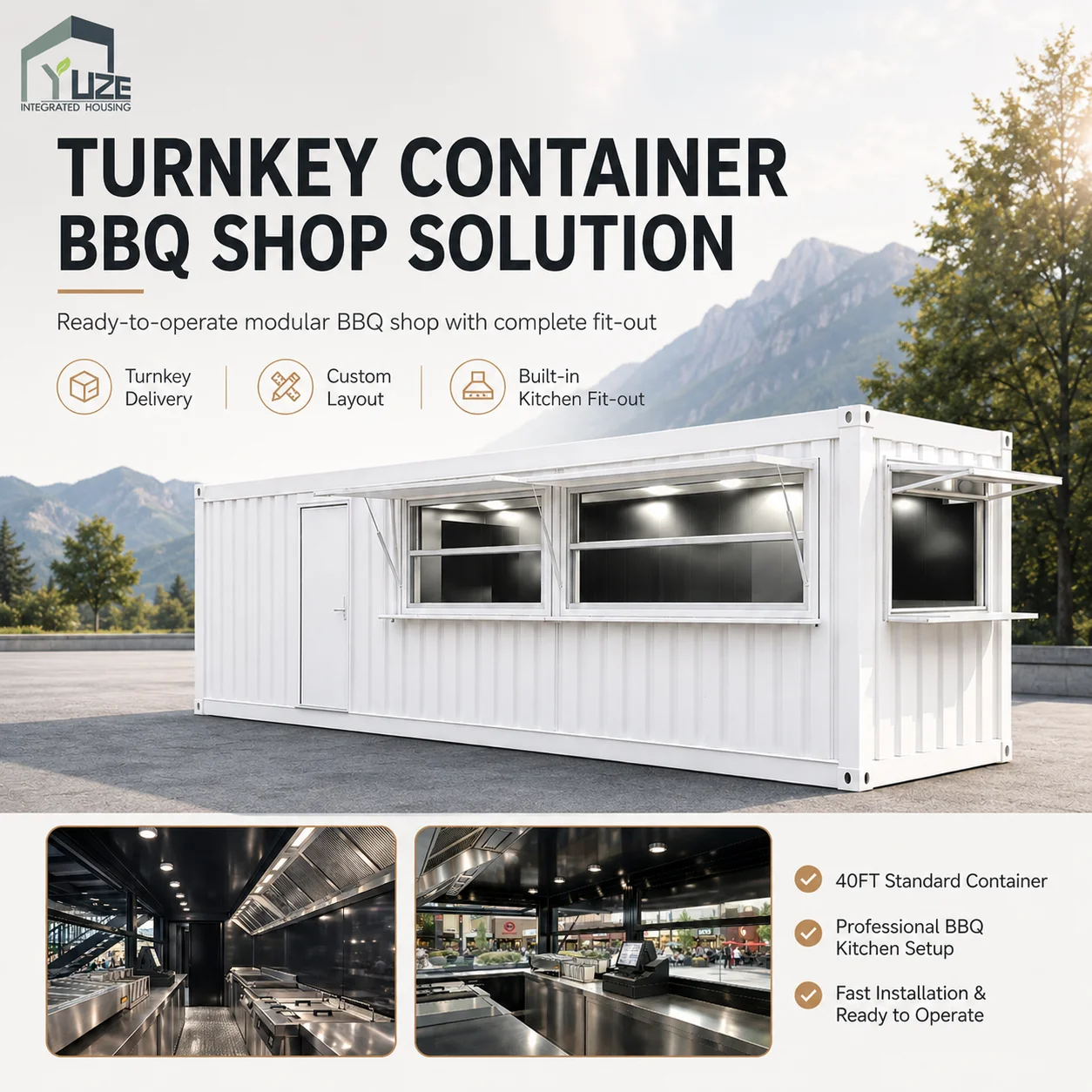 Customizable Popular Steel Structure Mobile 40FT Commercial Modular Shipping BBQ Container Kiosk with Full Kitchen