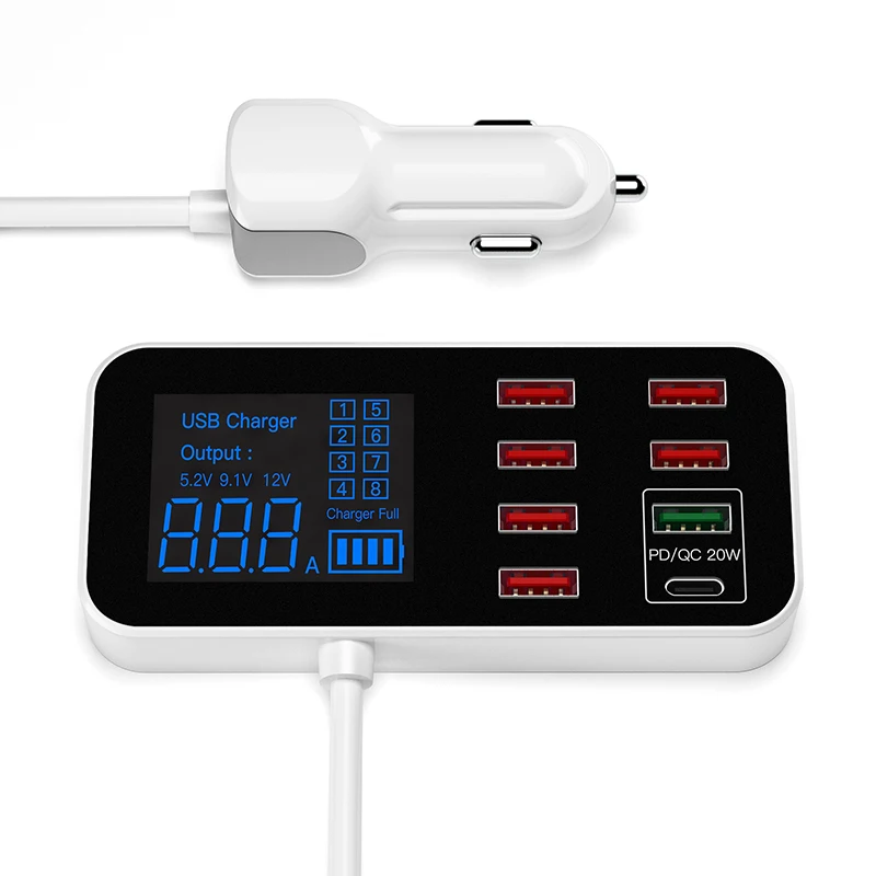 8 USB Ports Car Charger with 40W 8A PD Function LCD Lights Indicating Fast Charging for Multiple Devices