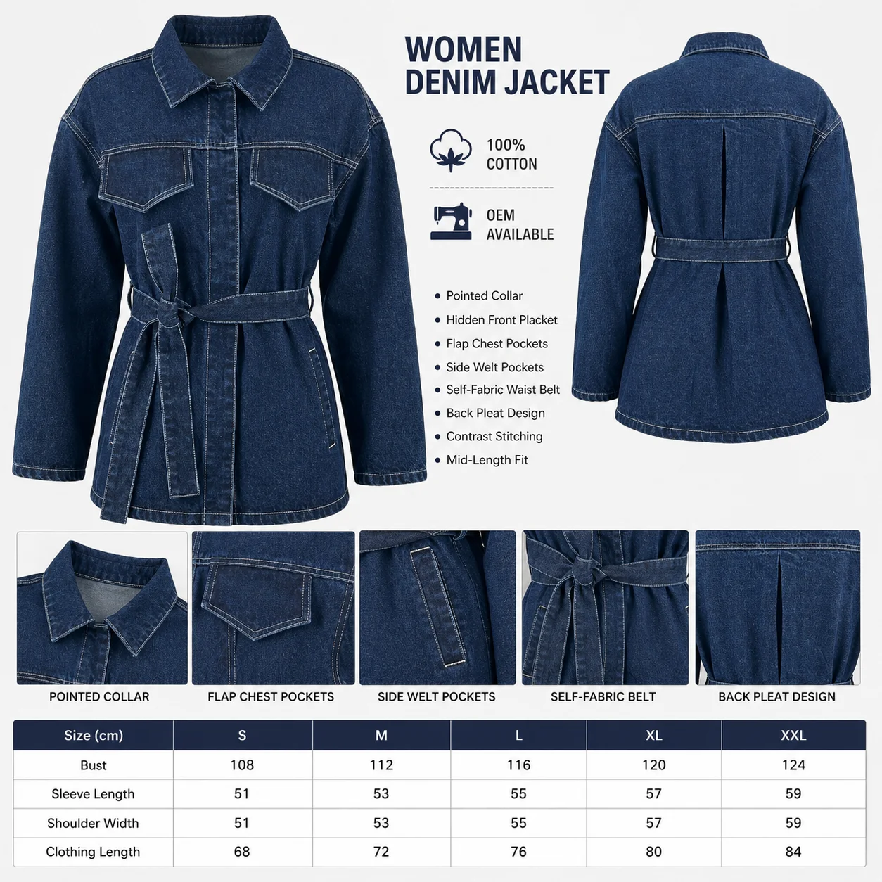 Decorative Topstitching Belted Flap Long-sleeved Collared Loose-fitting Anti-Wrinkle Casual Denim Shirt Jacket Suit