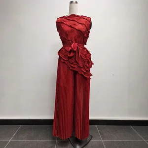 Wholesale Women's Clothing Ladies Fashion Set Designer Stretch Pleated Top and Wide-leg Pants Two-piece Set