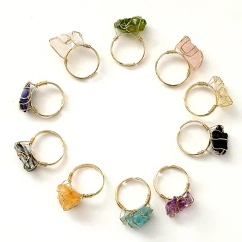Wholesale Handmade Irregular Ring Copper Wire Gold Plating Wire Wrap Nature Stone Crystal Rings Amethyst Rings