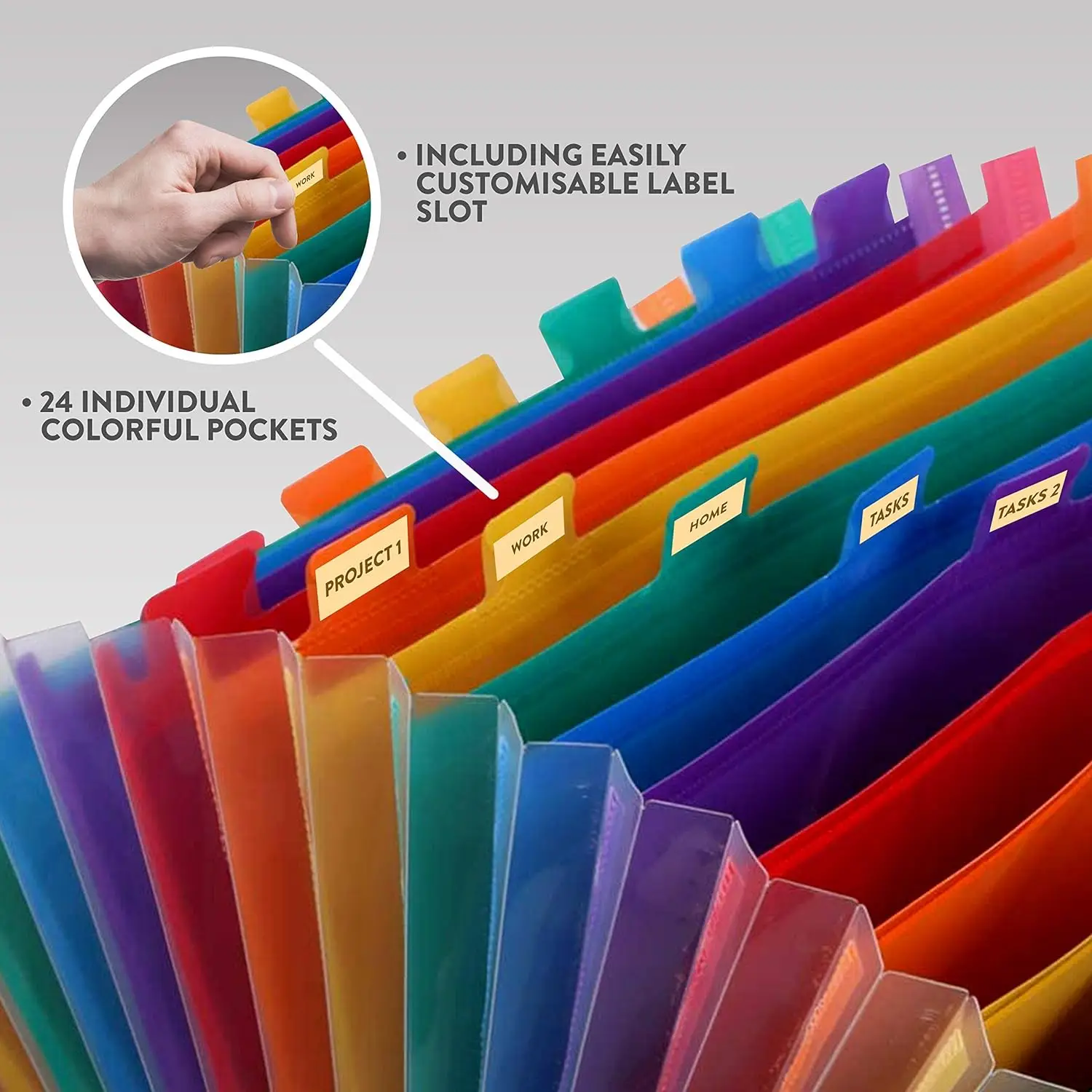 Rainbow Accordion Expandable Document Holder 24-Pocket PP Plastic File Folder Organizer