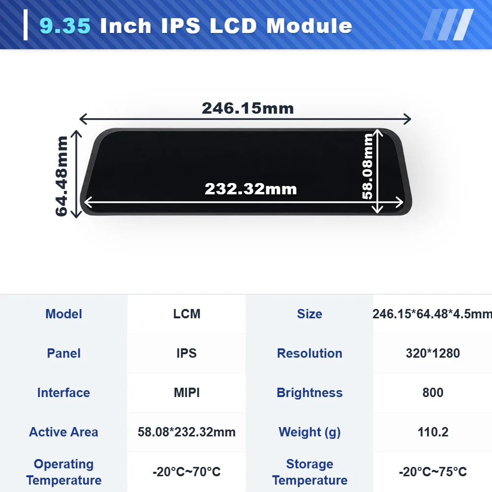WEITAI 9.35 Inch IPS TFT LCD Display Module with 320x1280 Resolution 800cd/m Brightness LED Backlight MIPI Interface details