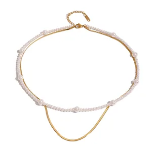 Stainless Steel Layered Chain Necklace Gold Plated Pearl Clavicle Chain Multi Layer Link Chain Necklace For Women