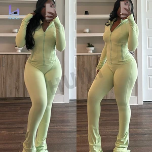 Custom High Quality Zip up Crop Top Flare Pants Legging Active Wear Skinny Stretch Tracksuits Two Piece Women's Clothing Set