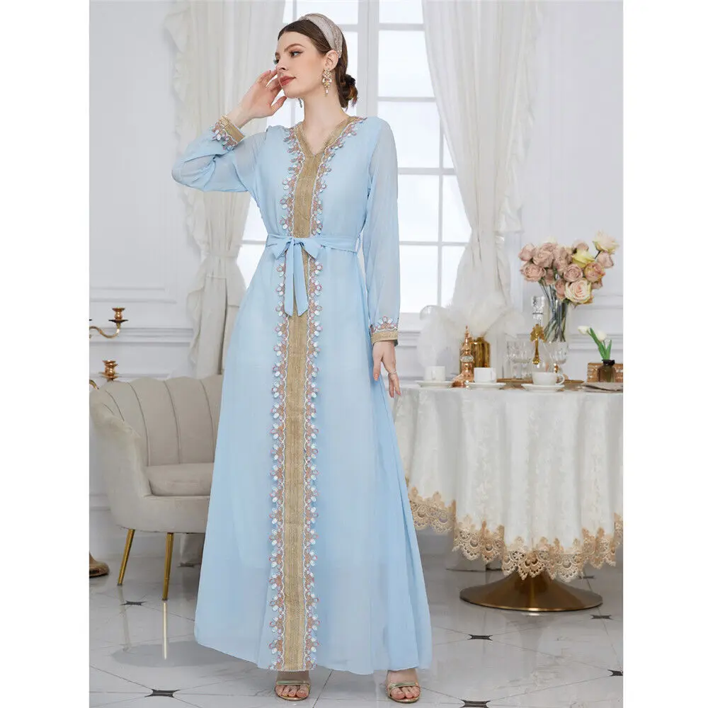 Fashion Muslim Women's Long Sleeve Dress Pleated Maxi Gown Dubai Kaftan Robe