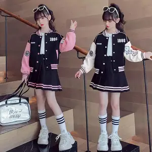 Children Girls' Casual Sports Dresses Set Spring/Autumn Baseball Coat with Pleated Skirt Teen Clothes for Kids Two-Piece Set