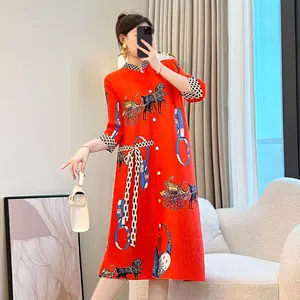 Miyake 2026 Summer New Pleated Red Dress Large Size Chiffon with Stand Neckline and Natural Waist for Mom's Seaside Vacation