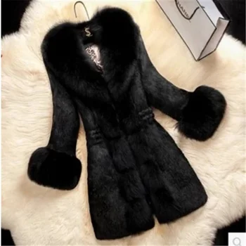 Winter outdoor warm Mid-length Artificial fur coat plus size Keep warm windproof fur collar coat
