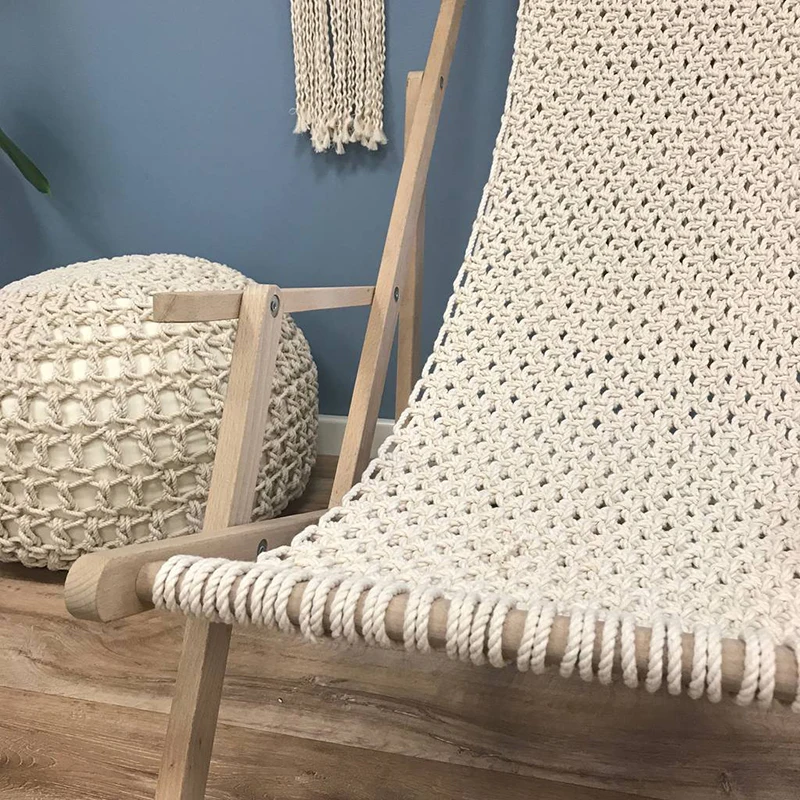 Boho Style Macrame Portable Beach Chair Cotton Rope Hand Woven Wooden Foldable DIY Deck Sling Chair with Tassels