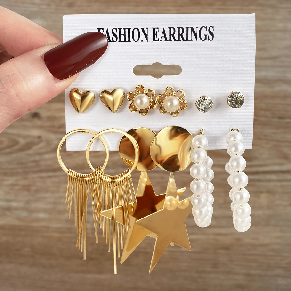 Punk Retro Style Gold Color Flower Heart Star Hoop Earrings Set for Women  Jewelry - Main Image