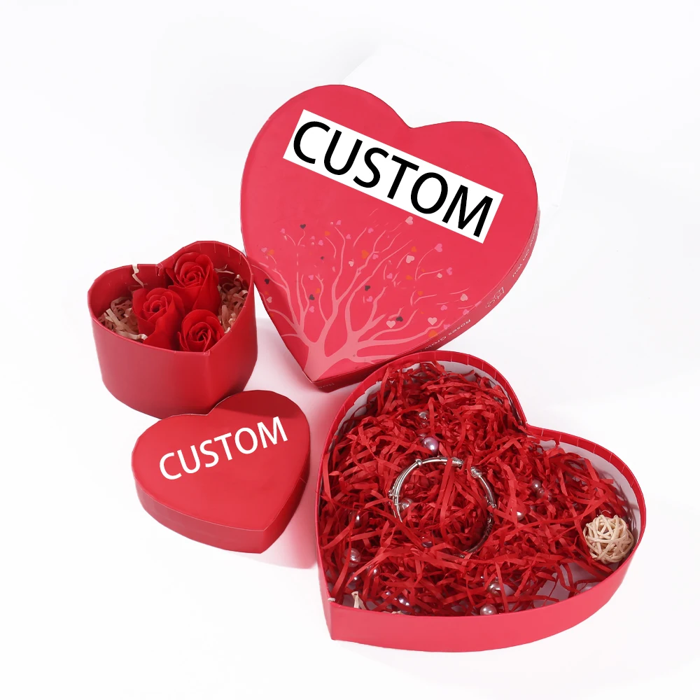 Custom Red Heart Shaped Valentine's Day Gift Box Set, Personalized Romantic Packaging for Jewelry & Flowers