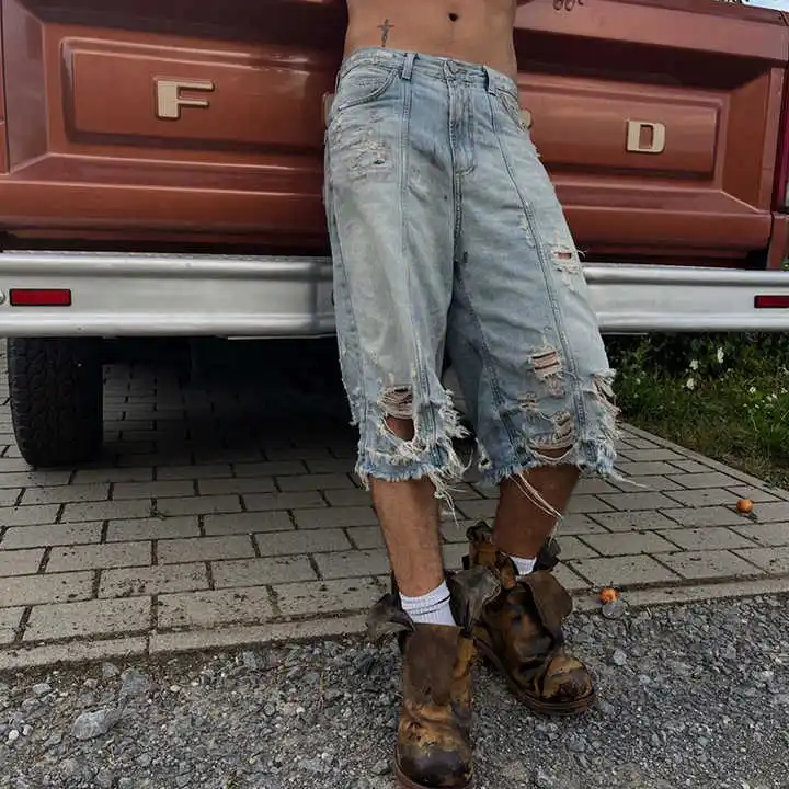Salati Wholesale Hip Hop Custom Double Knee Damage Baggy Jean Jorts Hip Hop Ripped Vintage Heavy Denim Shorts Men gallery 3