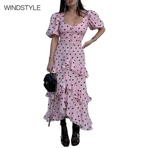 Summer Casual Satin Dress with Square Neck Love Print Bubble Sleeve XL Knee-Length Breathable Woven OEM Service Available