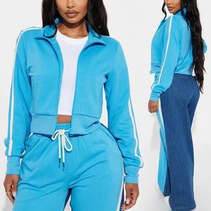 Huili Custom Premium Patchwork Crop Zip up Jacket and Loose Fit Pants Fashion Streetwear Outfits 2 Piece Set Womens Tracksuit
