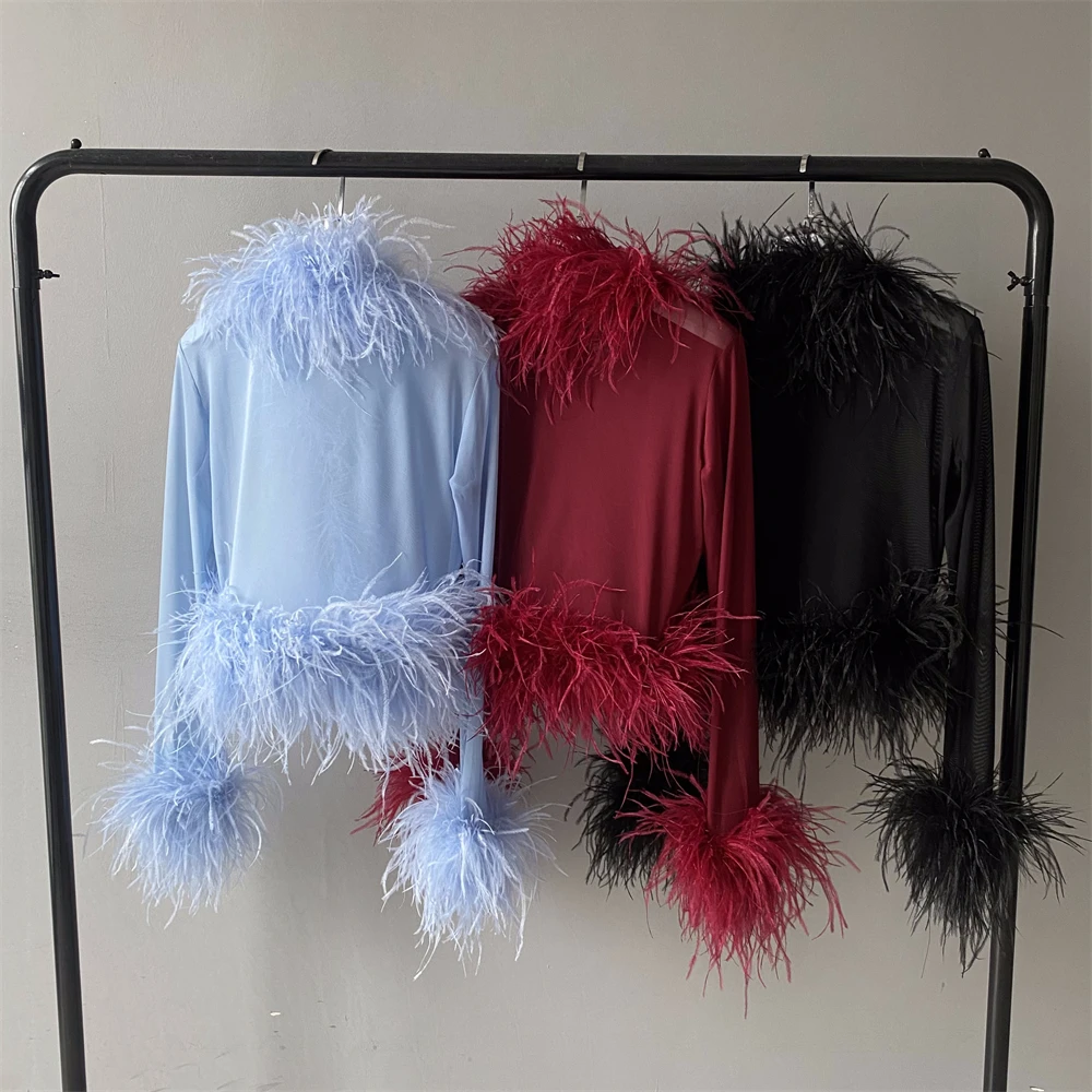 Jxwatcher Night Dress Mesh Ostrich Feather Shirt Jacket Cropped Tops Genuine Fur Coat Sexy Women Real Ostrich Fur Coat Fluffy