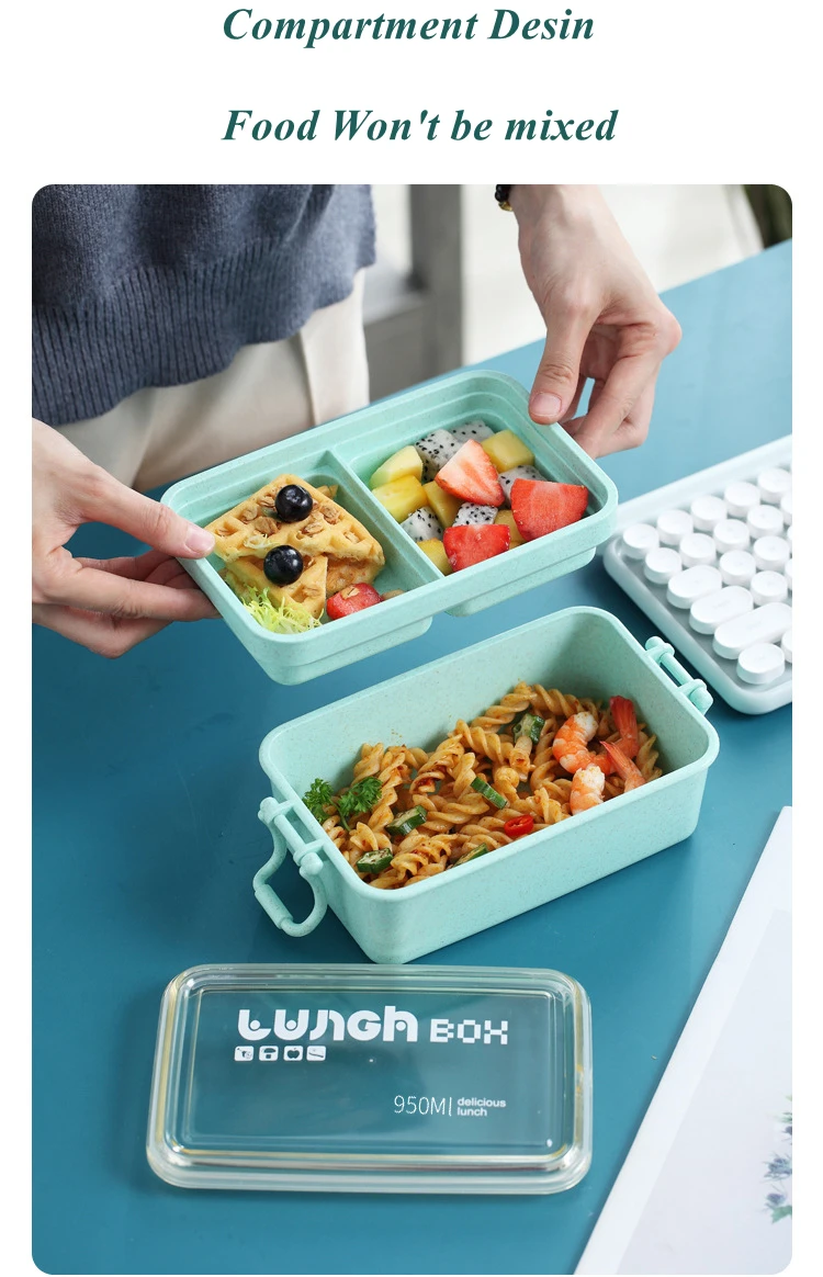 Lunch Box Microwave Safe Food Container Divided Rectangle Wheat Straw ...