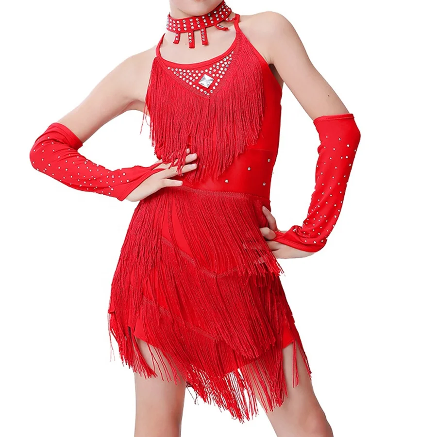 Girl's Shiny Rhinestone Sequin Fringe Design Latin Dance Festival Performance Competition Costumes Dress for Height 110cm-160cm Girl's Shiny Rhinestone Sequin Fringe Design Latin Dance Festival Performance Competition Costumes Dress for Height 110cm-160cm