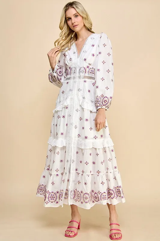 Autumn Long 100% Cotton Dress With Embroidered Lace And Ruffled Edges Natural Waistline Woven Weaving Method - Image 2