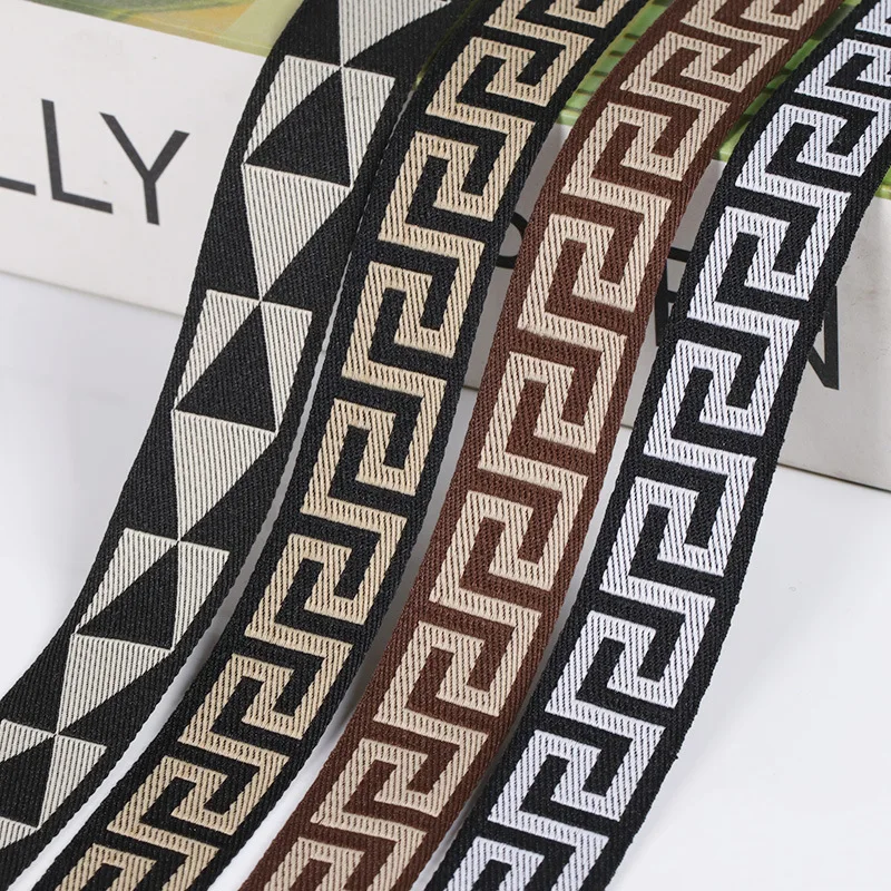 Stock 1.5/2CM Polyester Maze Great Wall Pattern Computer Jacquard Webbing Embroidery Woven Geometric Pattern Webbing Bag Strap