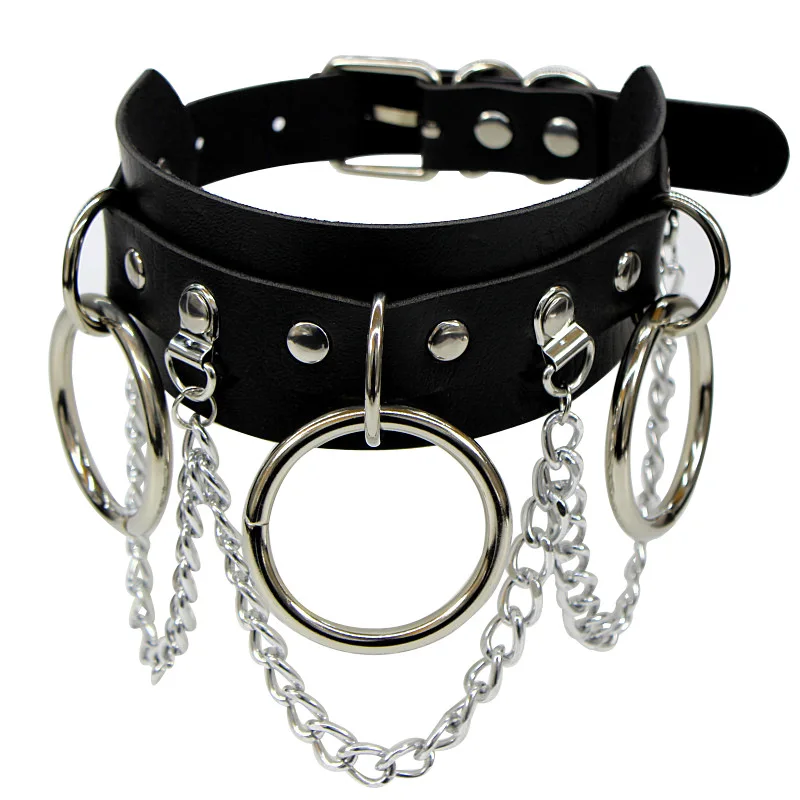 Black Leather Collar Chain Choker w/ 3 Large Rings