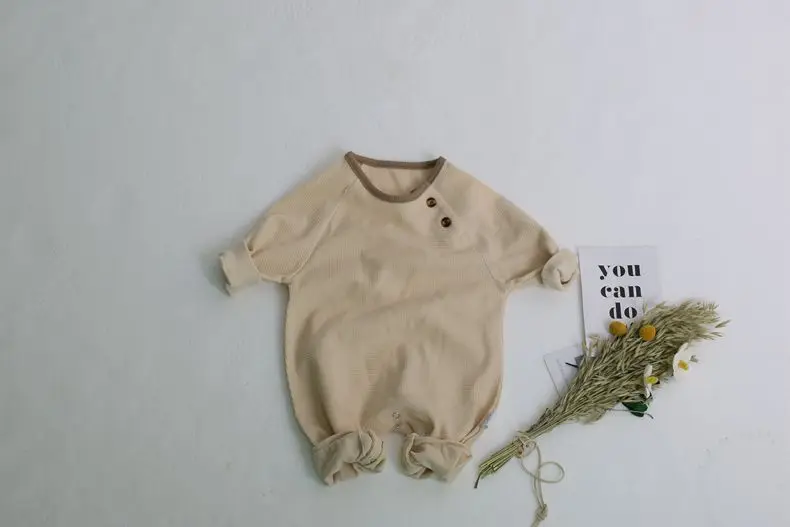 
Корейская версия детские вафельный удобный и простой комбинезон Длинные рукава Ползунки Костюм 