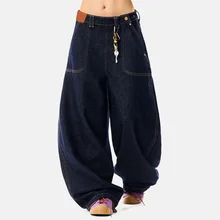 Raw Denim Soft Denim Pants Side Button Adjuster Large Pocket Men's Jeans Curved Ballon Fitting Baggy Jeans