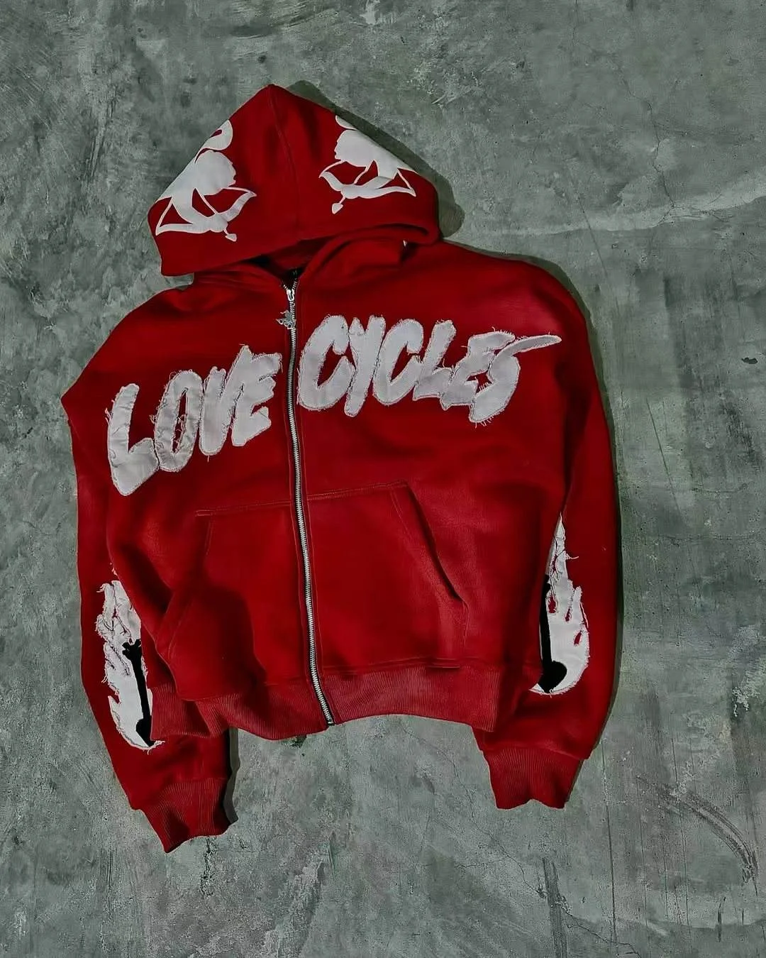 OEM Custom Sweatsuit Two Piece Tracksuit Applique Distressed Embroidery Tracksuit Double Layer Sweatpants and Zip up Hoodie Sets gallery 2