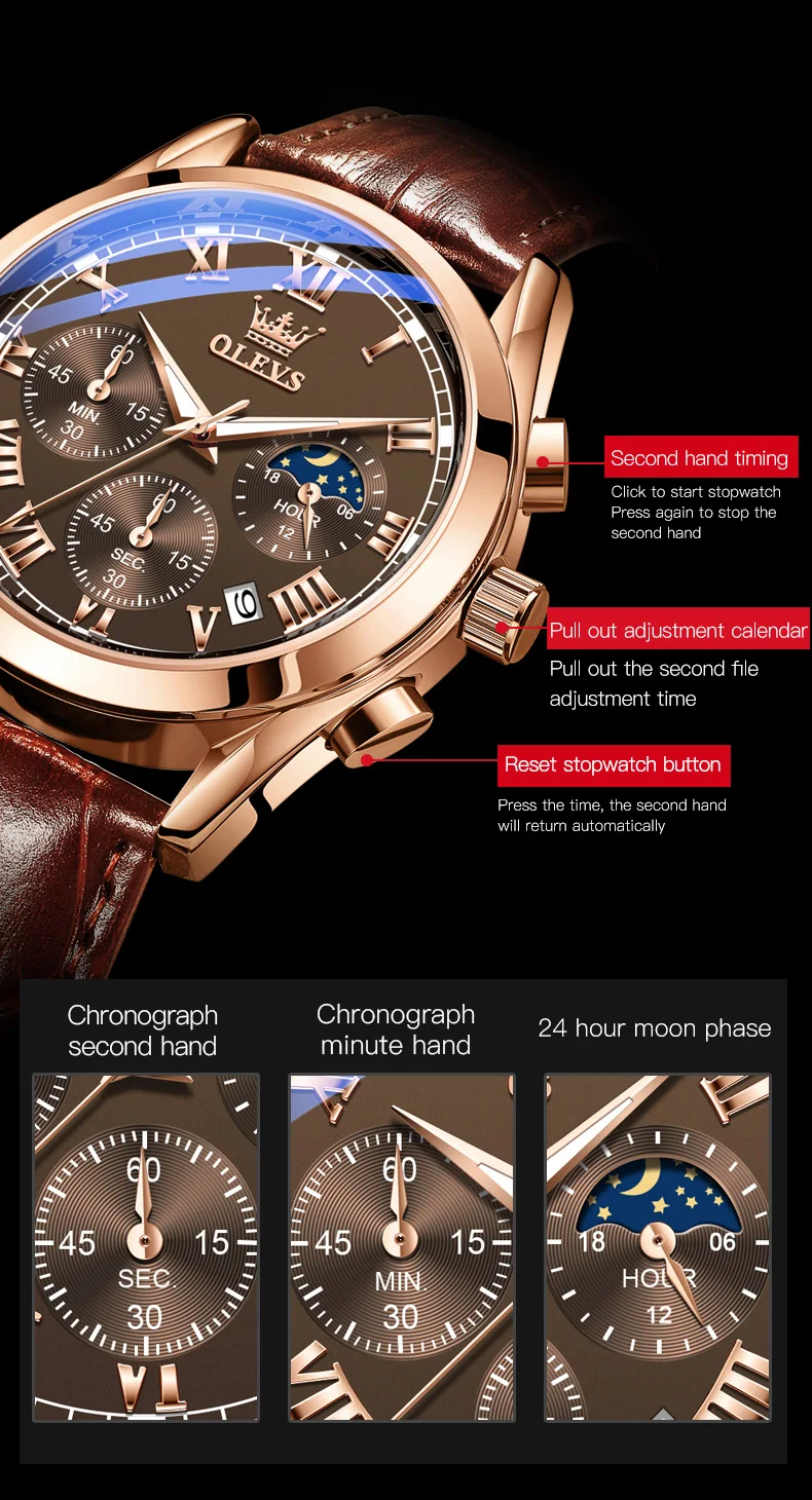 Olevs 2871 2022 New Highend Glass Quartz Leather Men's Watch Casual