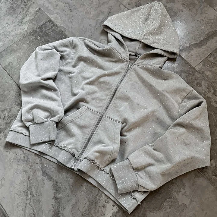 Salati Sweatshirt Men Manufacturer Custom 500GSM Bling Glitter Diamond Rhinestone Print Zip up Sun Faded Acid Wash Hoodie Unisex gallery 2