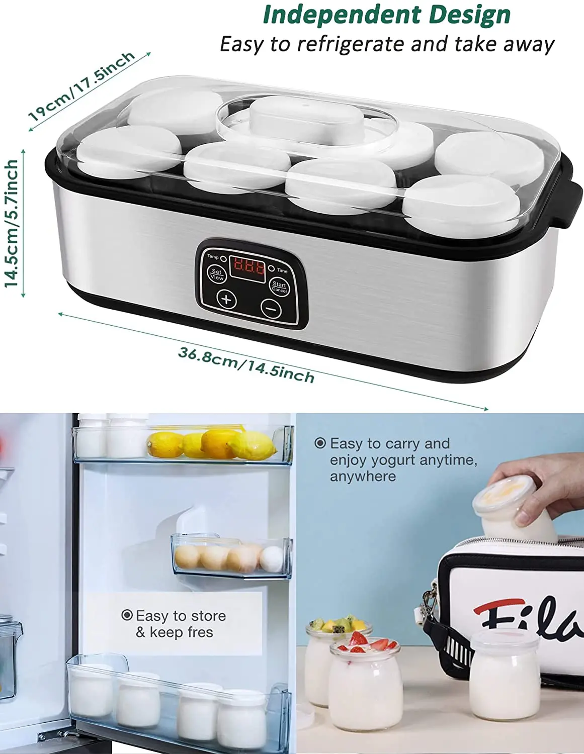 Yogurt Maker Temperature Control With Lcd Display And 8 X 180ml Glass
