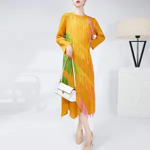 Miyake High Quality Pleated Dress Latest Fashion Elegant Long Sleeve Loose Plus Size Tassel Printed Fabric Model Order