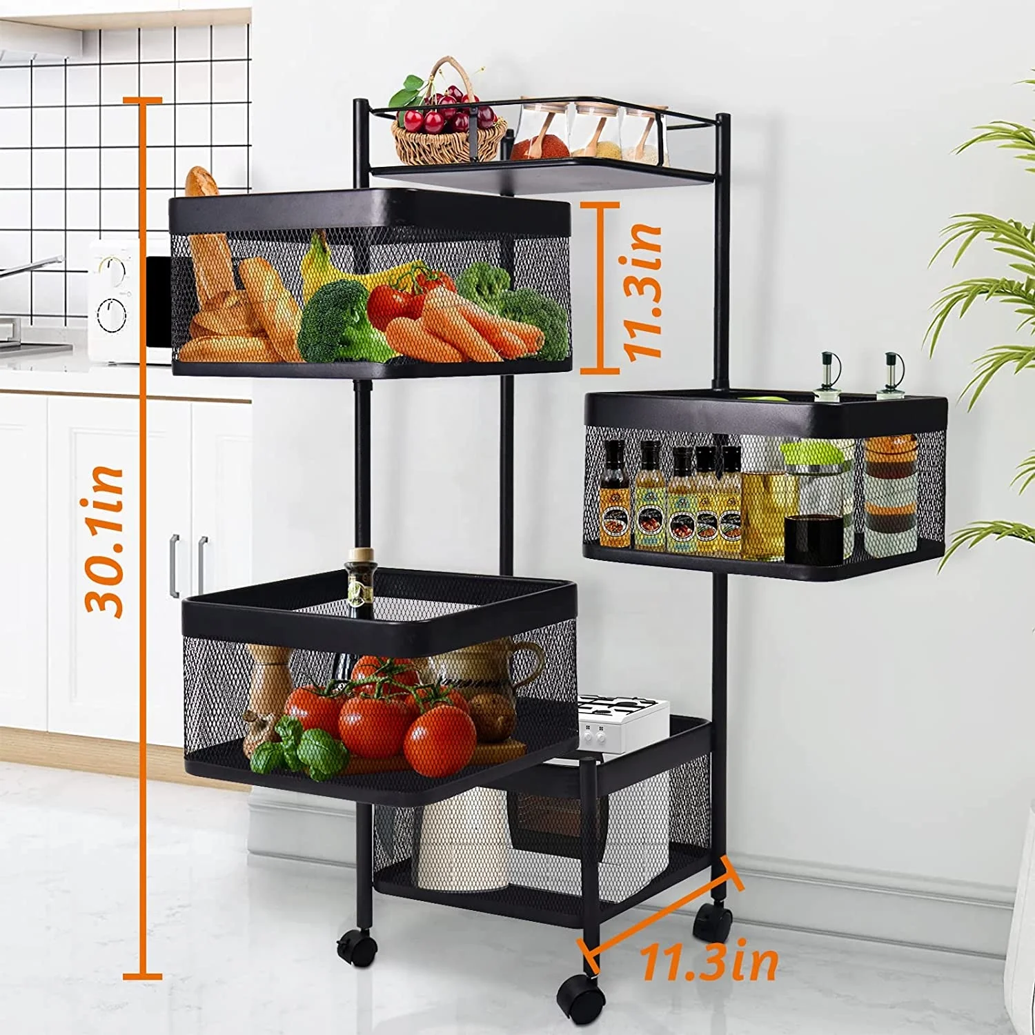 Cesto Portafrutta Rotante A 4 Livelli - Con Ruote 360°, Per Cucina, Soggiorno