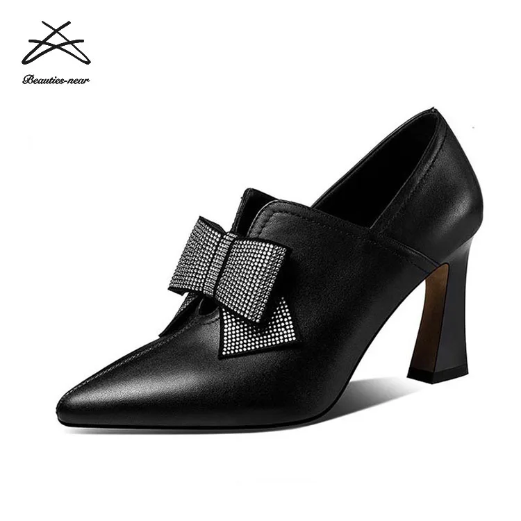 New Fashion Ladies Women Autumn Pointed Toe Chunky High Heels Pu Leather Shoes Bow Knot Pumps