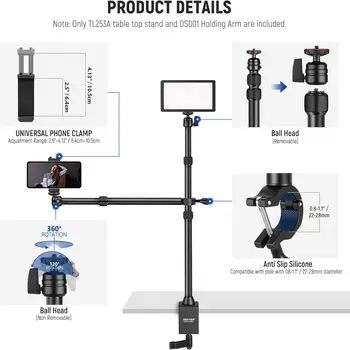 NEEWER TL253A+DS001 Table Camera Tripod with 2 Telescopic Arms, Phone Holder, Ball Heads, Screw Adapter, Table Light Stand for detail image
