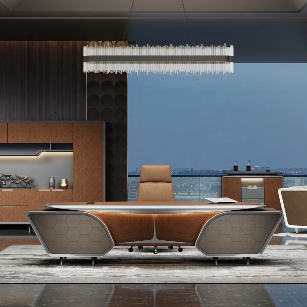 Luxury Office Furniture White Glossy Lacquered Automatic Smart High Tech Modern CEO President Executive Office Desk