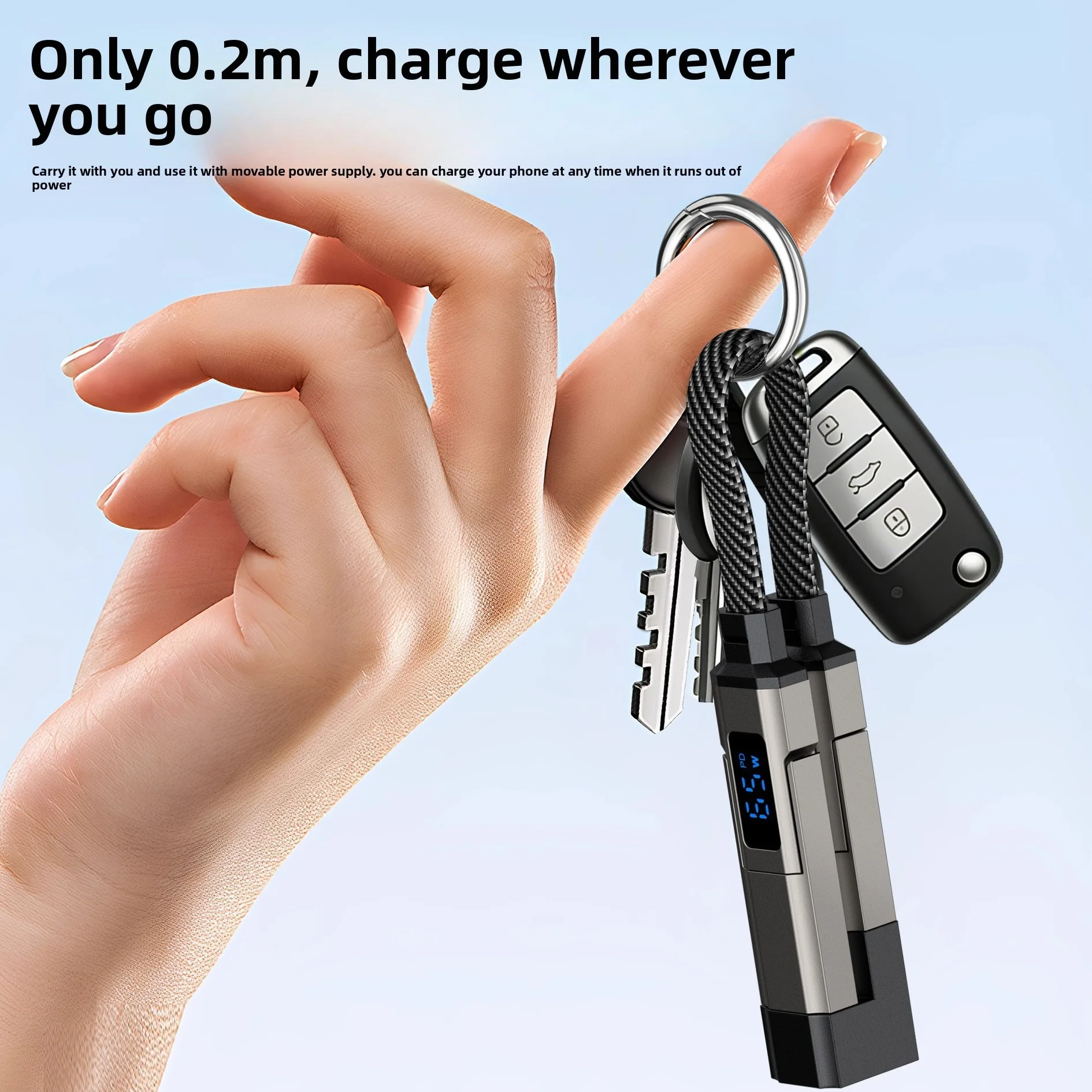4 in 1 Nylon Braided Keychain Charging Cable 65W Fast Charging 0.2M Short Data Cable With Power Display Portable Customizable