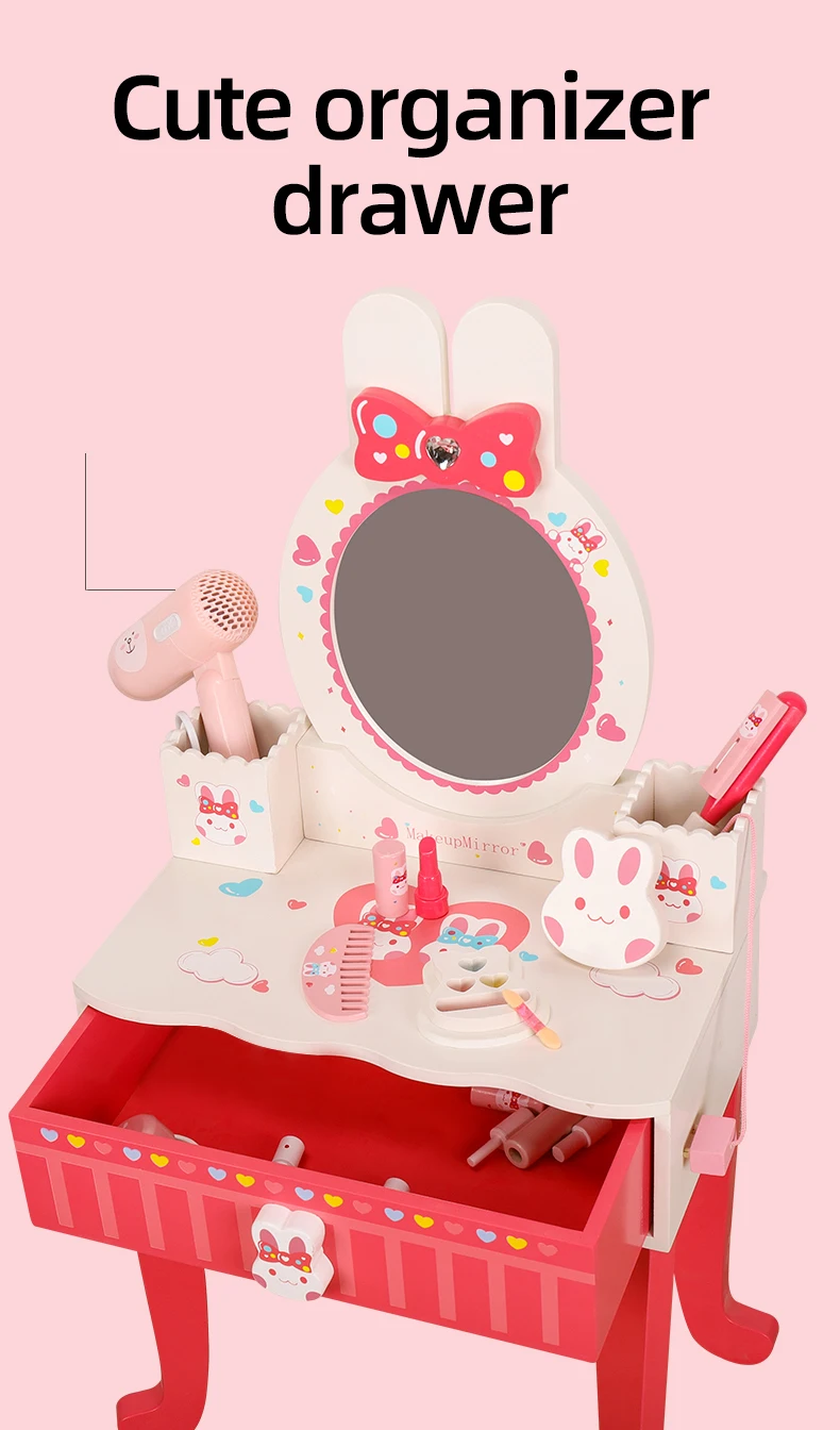 Wooden Rabbit Makeup Table And Chair Set Kids' Vanity Toy With Mirror For Little Girls Buy
