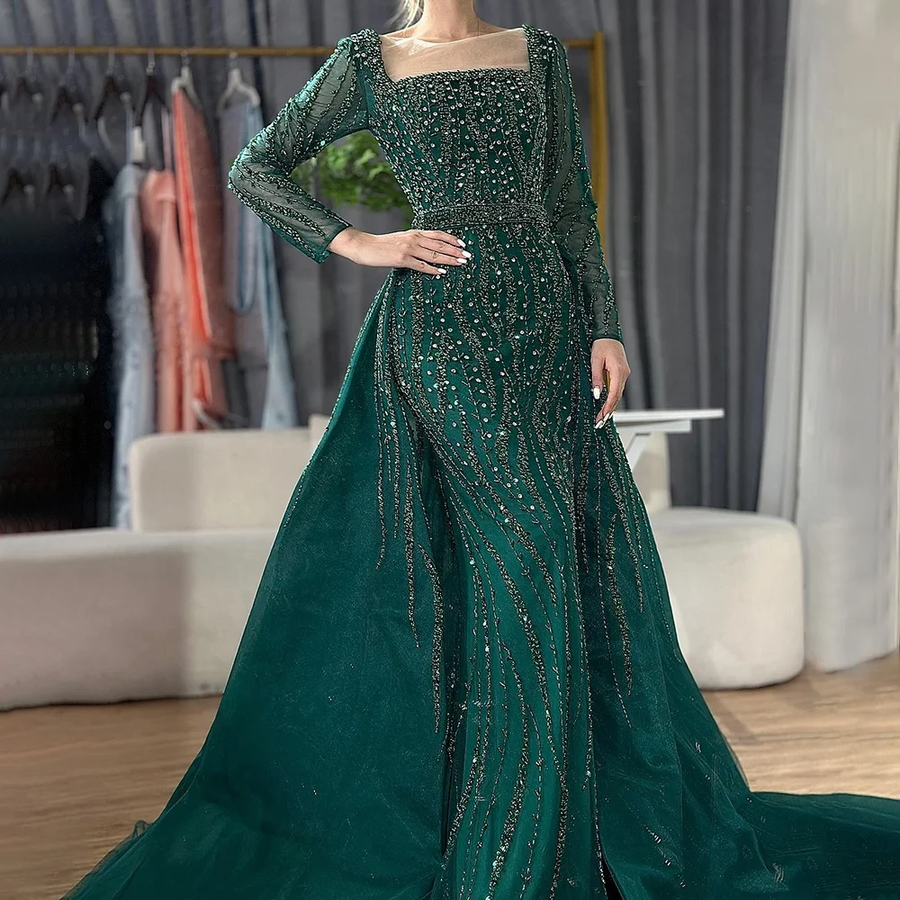 Green Long Sleeves Beaded Evening Dresses with Detachable Train Serene Hill  LA72710 Elegant Party Gowns for Women Rts
