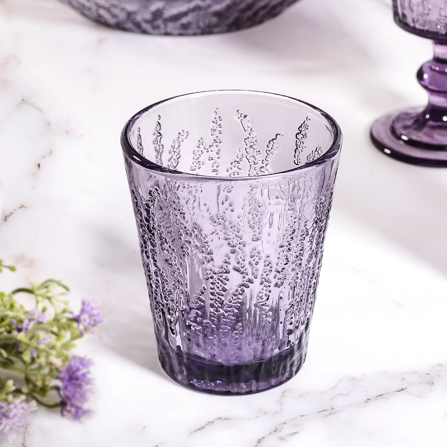 Custom Mexico Lavender Purple Colored Embossed Water Tumbler Goblet Vintage  Wine Glasses Set for Wedding