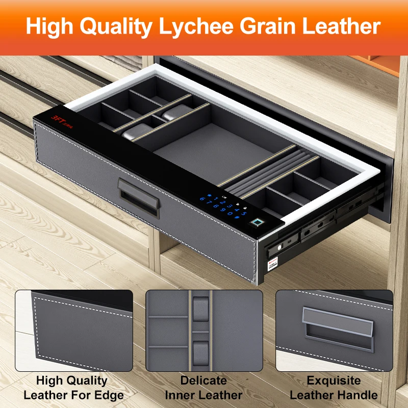HNOSS Leather Password Fingerprint Safe Box Wardrobe Hidden Sliding Jewelry Drawer Safe Box