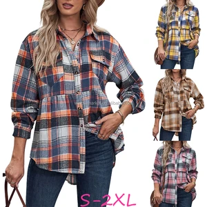 Wholesale Custom logo Babydoll Casual Flannel Shirts Soft Top Pocket Notched Shacket Women Jacket Long Sleeve Plaid Shirt