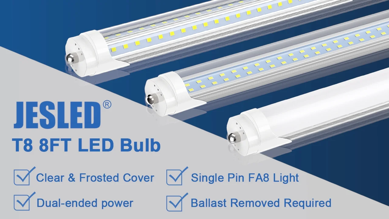 JESLED 8FT LED Bulb – 50W Single Pin FA8, 6000 Lumens, 5000K Daylight – T8/T10/T12 Replacement, Clear Cover – 4-Pack For Shop Garage