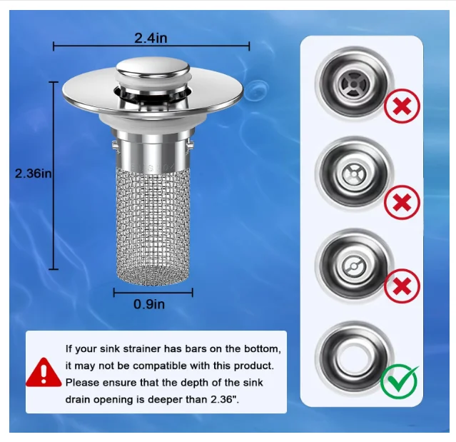 Stainless Steel Pop Up Removable Sink Stopper Hair Catcher Strainer for Bathroom Sink Replacement