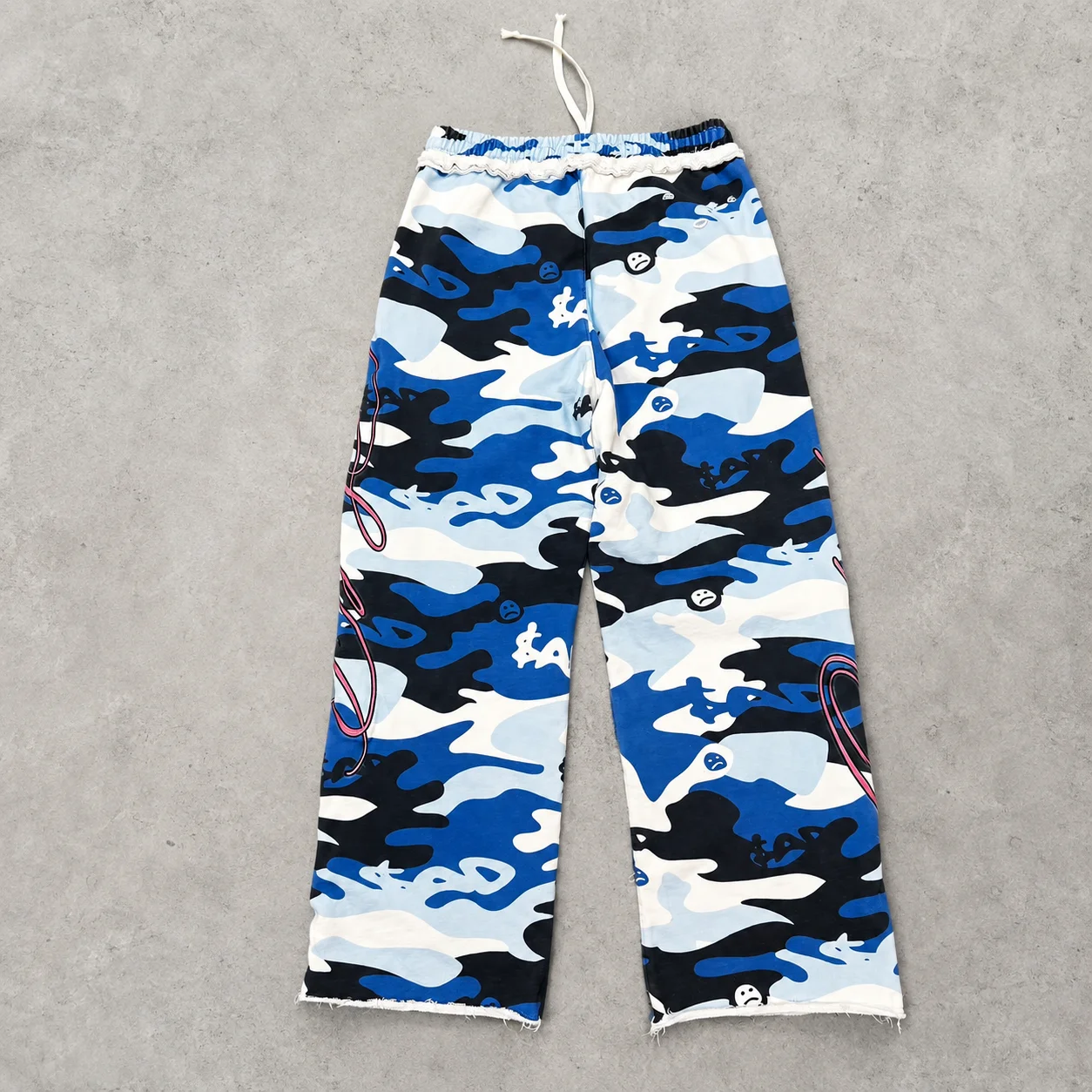 Streetwear Custom Blue Camouflage Graphic Drawstring Baggy Wide Leg Raw Hem Loose Fit Casual Urban Full Length Men Sweatpants gallery 2