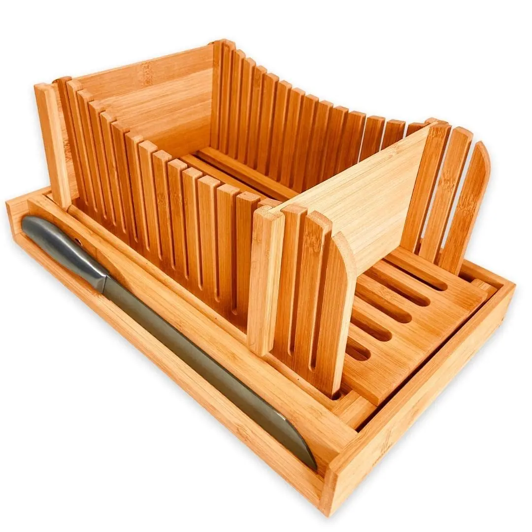 Kitchen Seven Bamboo Bread Slicer with Crumb Tray Bamboo Bread Cutter for  Homemade Bread, Loaf Cakes, Bagels Slicer, 3 Slice Sizes, Adjustable