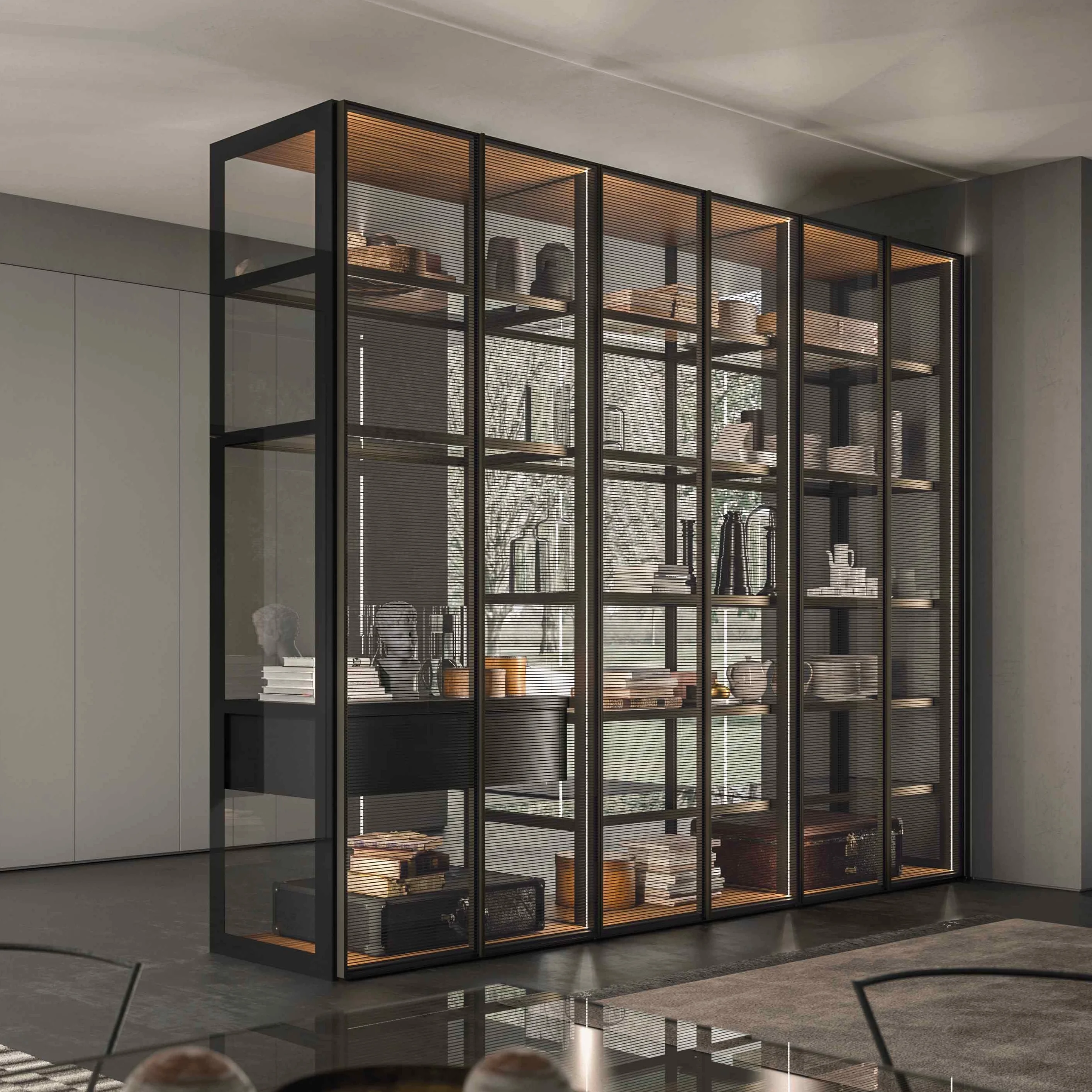Wardrobe with Side Display Book Shelves Designs Aluminium Clear Glass Custom Modern Bedroom Furniture Walk in Closet Furniture