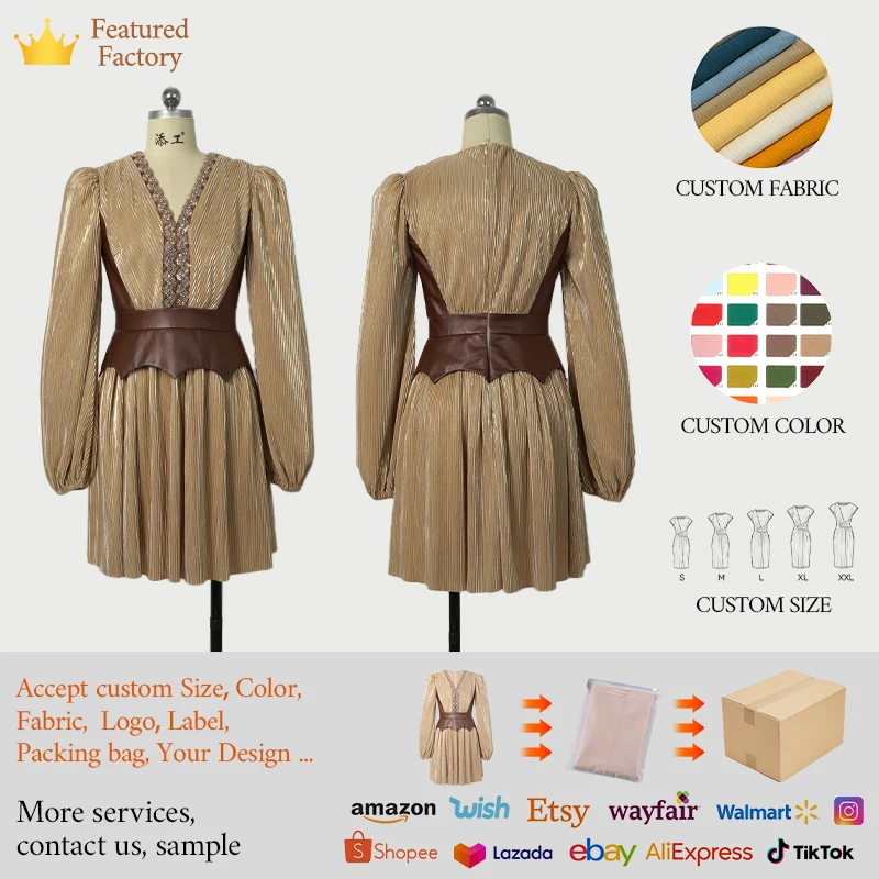 ZYHT 21460 Custom Women Clothing Manufacturer Long Sleeve Velvet Leather Patchwork Pleated a Line Ladies Dress Wholesale ZYHT 21460 Custom Women Clothing Manufacturer Long Sleeve Velvet Leather Patchwork Pleated a Line Ladies Dress Wholesale